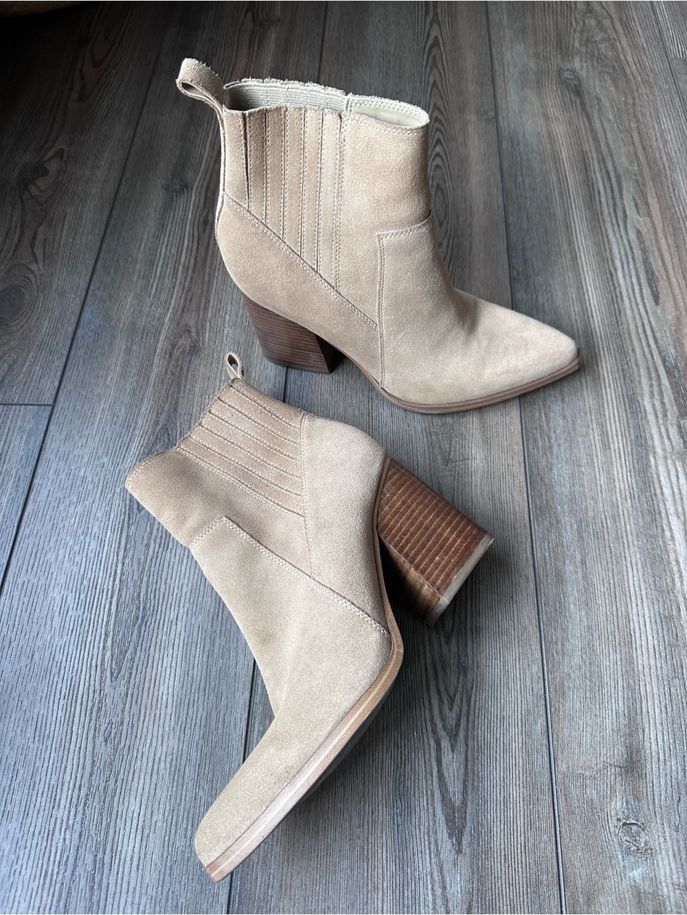 Marc Fisher Taupe Suede Block Heel Ankle Boots – Size 8.5